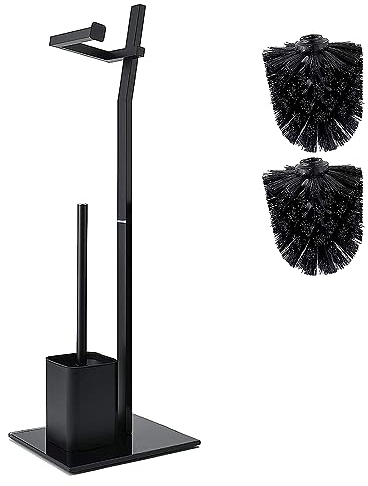 Juego De Inodoro - Negro -22X18X70Cm– Incl. Soporte para Papel Higiénico Y Escobilla De Baño - Acero Inoxidable - Base De Vidrio – Plus: 1+2 Cabezas De Escobilla A Cambio!