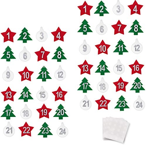2 Set Filz Adventskalender Weihnachten Zahlen 1-24 Sticker Aufkleber Weihnachtskalender Adventskalender Nummern Adventszahlen Zahlen Buttons 1-24 Selbstklebend Zum Basteln (Rot-Grün-Weiß in Formen)