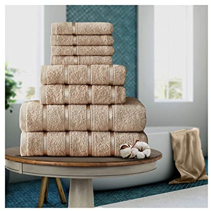 FAIRWAYUK Juego de 8 Toallas para baño, Ultra Suaves, absorbentes de Agua, 100% algodón Egipcio, 4 Caras, 2 Toallas de Mano, 2 Toallas de baño, Natural