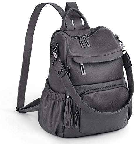 UTO Damen Rucksack Leder PU Cabrio Schulrucksack Rucksackhandtaschen Multifunktionsrucksack mit Quasten Lässige Schultertaschen Für Arbeit Schule Groß Kapazität Reißverschluss Umhängetasche Dunkelgrau