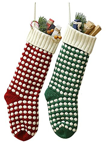 Guojanfon Christmas Stockings ，18 Unique Burgundy and Green Knit Christmas Stockings Dots Style (Length 18,Pack 2)