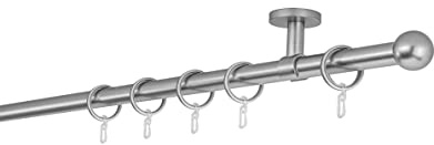 ondeco Gardinenstange auf Maß 20mm Ball 1-lauf Vorhangstange Deckenträger 4cm Stilgarnitur mit Ringen für Vorhänge 390cm Edelstahl-Optik