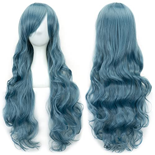 IMISSU 80cm langes lockiges Naturhaar Cosplay Perücke mit Pony Buntes Halloween Kostüm Party Perücken für Frauen (Navy blau)
