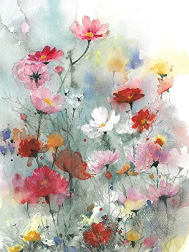 STYLER Leinwandbild Meadow Colourful 50 x 70 cm I Wandbild mediterran Blumen bunt rosa rot Wasserfarben I Bild Wohnzimmer Schlafzimmer Esszimmer Leinwand Flur I Verschiedene Motive & Größen