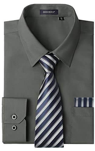 HISDERN Camisa Hombre Gris Manga Larga Formal Camisas y Corbata Elegante Camisa de Vestir de Negocios Boda con Bolsillo Regular Fit XL