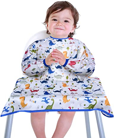 Vicloon Baby & Toddler Feeding Coverall Bibs, Coverall Baby Feeding Bibs, Baby Bibs with Sleeves, Weaning Bib with Anti-drop Rope, Adjustable High Chair Catch Bibs for Babies 6 Months + (Dinosaur)