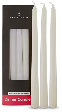 Taper Candles Long Burning - Long Candles Pack of 10 Tall Dinner Candles 7 Hour Burn Time, Classic Household Unscented, Dripless Candles, Zan Village Candle Company - White