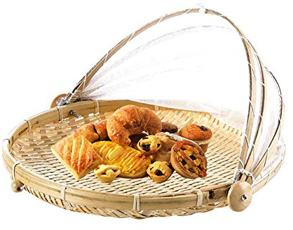 Jauhmui Bambus Zelt Korb,Handgewebte Zelt Abdeckung ,Bambus Obstkorb Essen Fliegenhaube Gemüsekorb Lebensmittel Abdeckung mit Fliegenschutz,Picknick Servierkorb,für Home Outdoor Picknick (L)