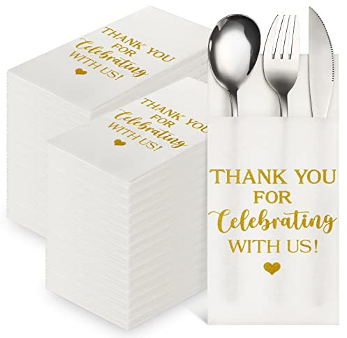 Fuutreo 100 Pcs Wedding Linen Feel Napkins Pocket Disposable Flatware Airlaid Paper Absorbent Dinner Napkins for Wedding Shower Engagement Party Decorations(Gold)
