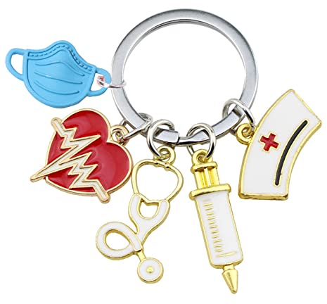 WOOXDYUK® Krankenschwester Keychain Neuheit Stethoskop Spritze Liebe Herz Metall Schlüsselanhänger Hängen Anhänger für Arzt Krankenschwester Geschenke Blau