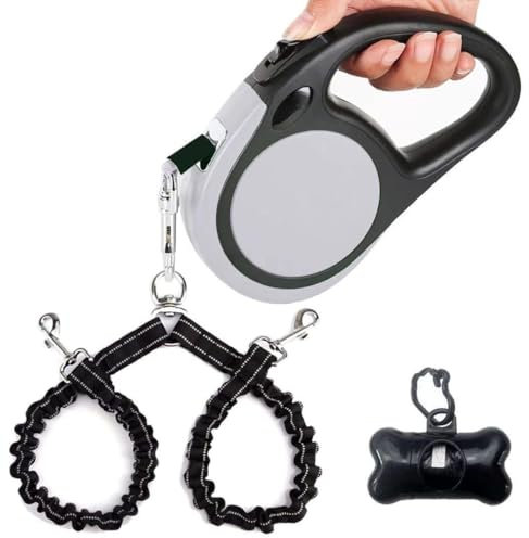 Ausziehbare Doppelleine für 2 kleine Hunde (bis zu je 20 kg), 4,8 m, Hundeleine mit Kotbeuteln, rutschfester Griff, Ein-Tasten-Bedienung, 360 Grad verhedderungsfrei, grau, Größe M