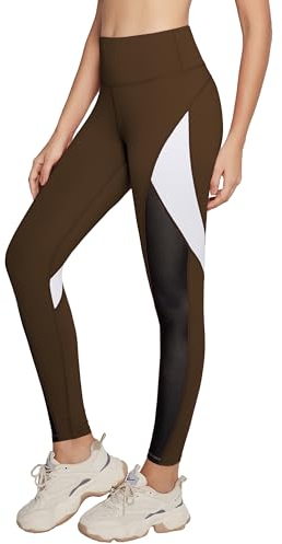 QUEENIEKE Damen Yoga Leggings 25 Zoll Schrittlänge Gym Hose Farbe Blocking Mesh Workout Laufleggings Größe M Farbe Geröstetes Braun