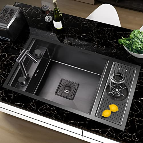 Küchenspüle mit Deckel, klappbarer Wasserhahn, Drop-In-Workstation-Spüle, Aufsatz-Einzelbecken-Küchenspüle mit integrierter Leiste (Farbe: Schwarz-Grau, Größe: 60 x 40 cm)