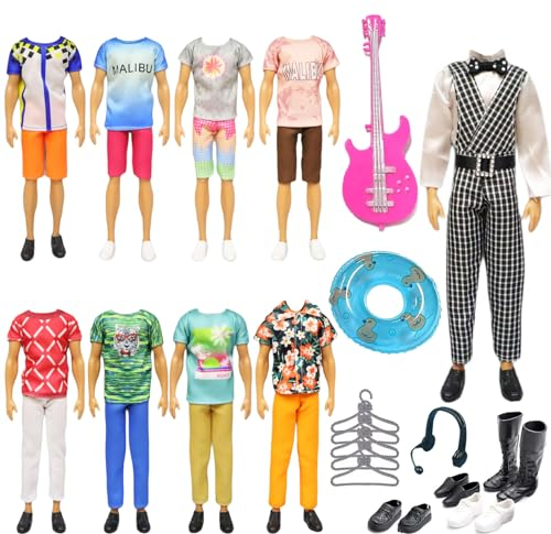 23 Stück Puppenkleidungs Kompatibel mit Ken Kleidung, Clothes for Dolls Jungen Puppen 1 Gitter Anzug 4 Kleidung 4 Hosen 5 Paar Schuhe 5 Kleiderregal 3 Accessories für 12 Zoll Puppen