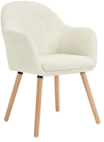 WOLTU Chaise de Salle à Manger avec Accoudoir, Chaise Rembourrée avec Pieds en Bois Massif, en Velours Côtelé, Beige, EZS26cm-1