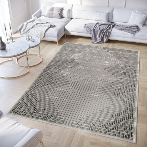 TAPISO Crystal Teppich Wohnzimmer Kurzflor Hellgrau Schwarz Creme Geometrisch Karo Kariert Modern Design 3D Effekt Schlafzimmer ÖKO-TEX 80 x 150 cm