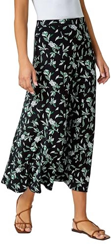 Roman Jersey Skirt for Women UK - Ladies Midi Maxi Floral Animal Print Autumn Winter Swing Smart Casual Office Cocktail Party Going Out Evening Holiday Cruise - Size 20 - Green Black