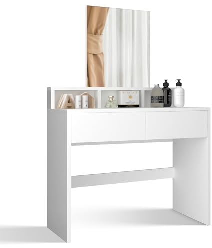 MIADOMODO® Schminktisch - mit Spiegel, 2 Schubladen, 3 offene Fächer, Ablagefläche, Edel, Stabil, Platzsparend, Weiß - Vanity Table, Kosmetiktisch, Make Up Tisch, Frisiertisch, Frisierkommode