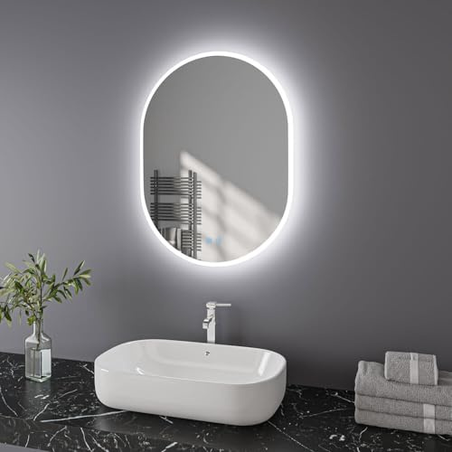 Finmrys Oval Bathroom Mirror with LED Lights, 600 x 1000 mm Illuminated Bathroom Mirror with Demister Dimmable 3 Colour Light Memory Function (23.62x39.37 Inch)