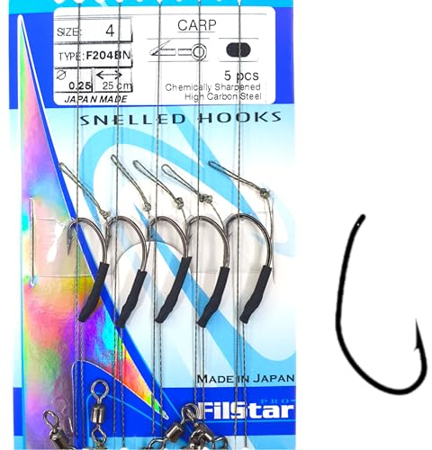 PRO FILSTAR Angelhaken Set mit Vorfach & Wirbel 5 Stück, N4, Flechtschnur 25cm, Dia 0,25mm - Angeln Karpfen Zubehör - Fishing Hook - Boilies & Pellet Haken - Sport Set - Fishing Rig – Vorfachschnur