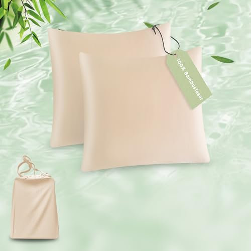 ATsense Bambusfaser Kissenbezug 40 x 80 2er Set, Allergiker Satin Kissenbezüge, Weich wie Seiden Kissenbezug, Anti Milben Kopfkissenbezug für Haar und Haut, Beige