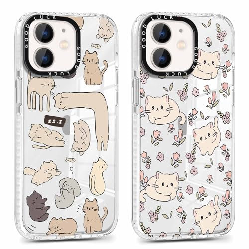 Xylota 2 Stück Transparent Handyhülle für iPhone 12/iPhone 12 Pro 6,1 Hülle,Durchsichtig Case Muster Niedlich Katze Mädchen Schutzhülle, Weich Silikon Dünn TPU Bumper Stoßfeste Cover für iPhone 12,07