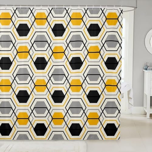 PUOJIEAT Duschvorhang 120x200 Geometrie Sechseck, 3D Shower Curtains Geometrie Sechseck Duschvorhänge Anti Schimmel Wasserdicht, Badewanne Vorhang Waschbare Badezimmer Vorhänge mit 8 Haken qq6470