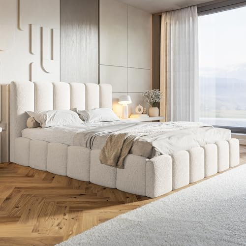 MOTIVENA Nunu Bubble Polsterbett 180x200 mit Bettkasten, Bubble Bett 180x200 mit Matratze und Lattenrost, Bett Kopfteil Boucle, Matratze H2/H3, Bett Boucle, Polsterbett 180x200 Weiß Milch
