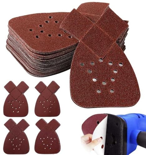Mouse Sander Pads 40 PCS Mouse Sanding Pads Sanding Pads for Mouse Sander 12 Holes Sander Pads Assorted 60 80 120 180 Grits with Extra 2 Tips Detail Sander Paper for Woodworking Furniture Repair