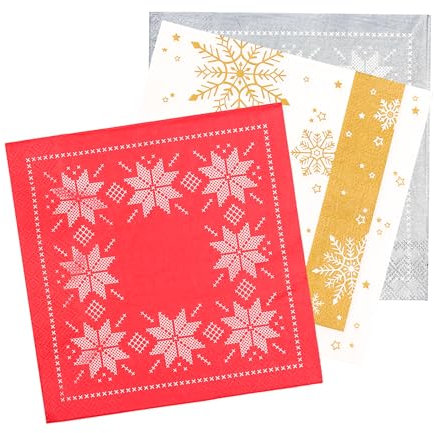 90 Servilletas Navideñas Desechables de 32x32 cm - Tres Elegantes Diseños: Copos de Nieve Rojo, Dorado y Plateados - Perfectas para Decoración de Cenas y Festividades de Invierno