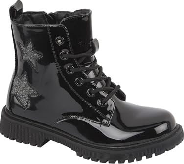 A2Z 4 Stivaletti da bambina in pelle PU verniciata nera per il ritorno a scuola con lacci e chiusura a zip stivali da donna tacco grosso comode scarpe da combattimento, Nero , 28 EU