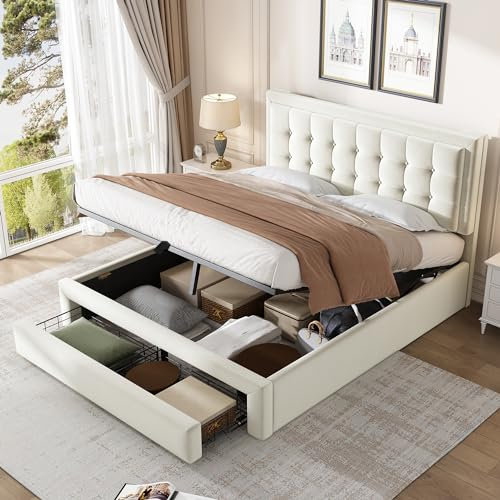 135 x 190cm Upholstered Double Bed, Ottoman Storage Bed with Hydraulic Lever and Drawer, Large Storage Space, Velvet Fabric Ottoman Lift Up 4FT6 Double Bed Frame, No Mattress (Cream)
