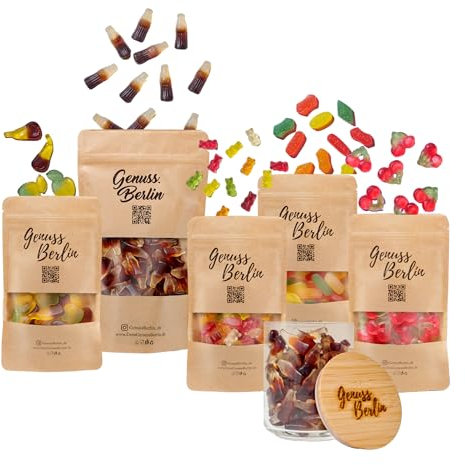 Genuss Berlin – Fruchtgummi-Bündel ohne Zucker – Zuckerfreie Süßigkeiten – Weingummi & Fruchtgummi für Kinder & Erwachsene - free sugar Gummibärchen – Gesunde Snacks – zero sugar – mit Glas