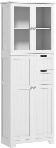 HOMCOM Colonne Salle de Bain, Meuble Salle de Bain Rangement Haute Moderne avec Portes vitrées, placards, tiroirs et étagères réglables, Armoire Salle de Bain, Cuisine, Salon, 60 x 30 x 170 cm, Blanc