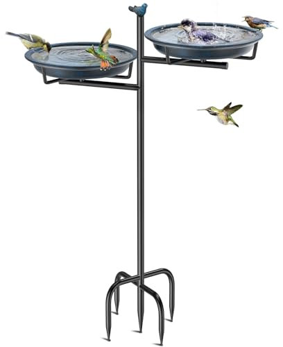 VeyFolzin.st Vogeltränke Vogelbad Schale Stehend, 2-in-1 Vogelbad für Draußen Garten mit Doppelbecken für Wasser und Futter, Metall Vögel Vogelbecken für Gartendeko(Altblau)