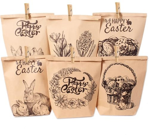 Ostertüten Set - 12 Stück Geschenktüten für Ostern mit Hasen- und Eiermotiven, Frohe Ostern Aufdruck, DIY Papiertüten zum Befüllen, nachhaltige Geschenkverpackung für Osterdeko und Osternester