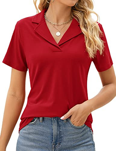 Rapbin Damen Polo Shirt Kurzarm Classic Retro Bluse Damen Basic Polohemd Casual Business Elegante Sommer Tops（Red，XXL