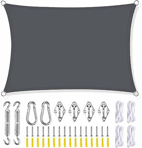 ACHBGTMQ Toldo Vela Gris Oscuro de 3 x 5 m con Kit de fijación para Piscina al Aire Libre, para terraza, Patio, Rectangular, Cuadrado, con Cuerda tensora, protección UV y Tela Impermeable, Varios Tam