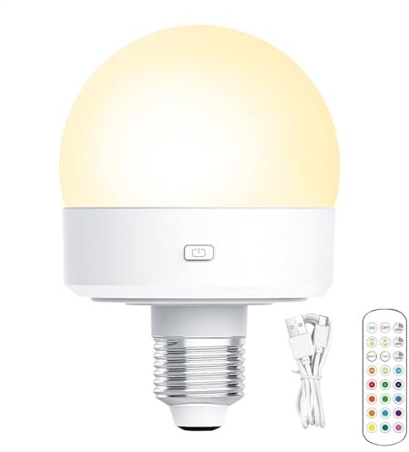 Wiederaufladbare Glühbirnen - E26 Dimmbare Glühbirne Battered | Wiederaufladbare Glühbirne mit Fernbedienung 4 -Timer und 3 Farbtemperaturen, Smart Timer Control: 1800 mAh Backup -Glühbirne für Lampen