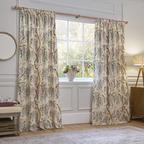 Voyage Maison Mariposa Pencil Pleat Curtain Pair – 100% Cotton Nature Inspired Butterfly Wisteria Floral Design (Purple - 168x183cm)
