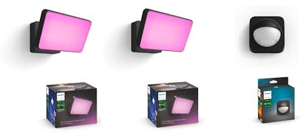 Philips Hue Pack Outdoor – Détecteur de Mouvement + 2x Projecteurs Discover White & Colour 15W – Éclairage Extérieur Intelligent