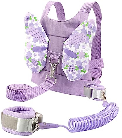 Rucksackleine für Kleinkinder mit Handgelenkverbindung, Lila | Schmetterlingsmotiv, Baumwolle und Polyester, für Volle Plätze und Parks, für Kinder