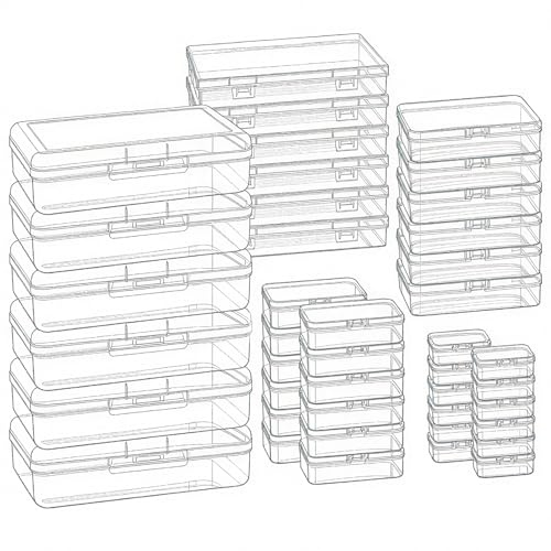 Goodma Rectangular Clear Plastic Storage Box Containers, 42 Pieces | Mixed Sizes, Mini, Hinged Lids, For Small Items and Craft Projects