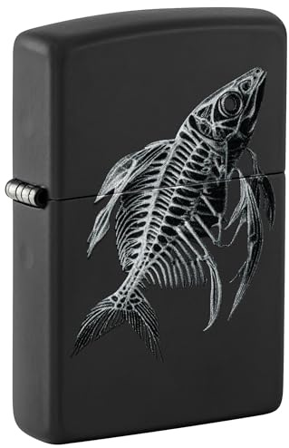 Zippo Windproof Lighter, Fish Skeleton, Black Matte, Colour Image, Refillable, Reusable, Windproof Design, Gift Box, Made in USA