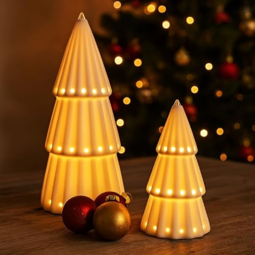 2er Set Tannenbaum aus Keramik mit LED-Beleuchtung - Weihnachtswald mit goldenen Applikationen - Weihnachtsdeko - Weihnachtsbäume (goldene Spitze)