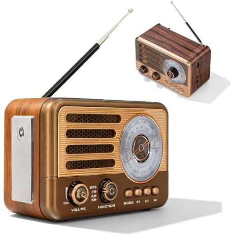 Radio retro AM/FM/SW, radio de equipaje vintage con batería de 1200 mAh, radio nostalgia con reproducción de MP3 USB/TF/AUX, radio de cocina recargable para el hogar, la oficina, el aire libre