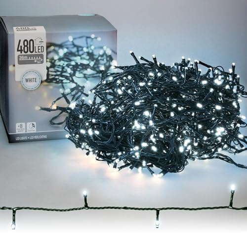 ECD Germany LED Cluster Lichterkette 36m, 480 LED Kaltweiß, mit Timer und 8 Leuchtmodi, strombetrieb, IP44, Innen/Außen, Weihnachtsbeleuchtung Weihnachtsbaum Büschel Lichterkette Büschellichterkette