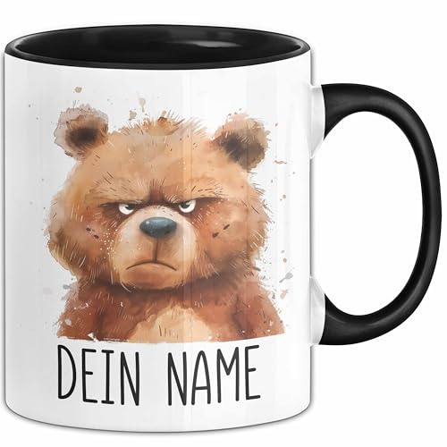 Bär Tasse mit Namen – Personalisierte Tasse Geburtstag Geschenkidee süßes Bärmotiv Grumpy Lustige Namenstasse (Schwarz)