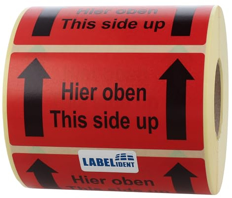 Labelident Warnetiketten 100 x 50 mm - Paket Aufkleber Hier oben/This side up - 1.000 Versandaufkleber auf 1 Rollen, Versandetiketten selbstklebend