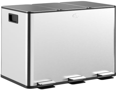 HOMCOM Pattumiera Differenziata 3 Scomparti 10L da Cucina a Pedale Argento | Cestino Spazzatura, 3 Coperchi a Chiusura Silenziosa, Acciaio Inox e PP, 49.6x34.5x38.6 cm